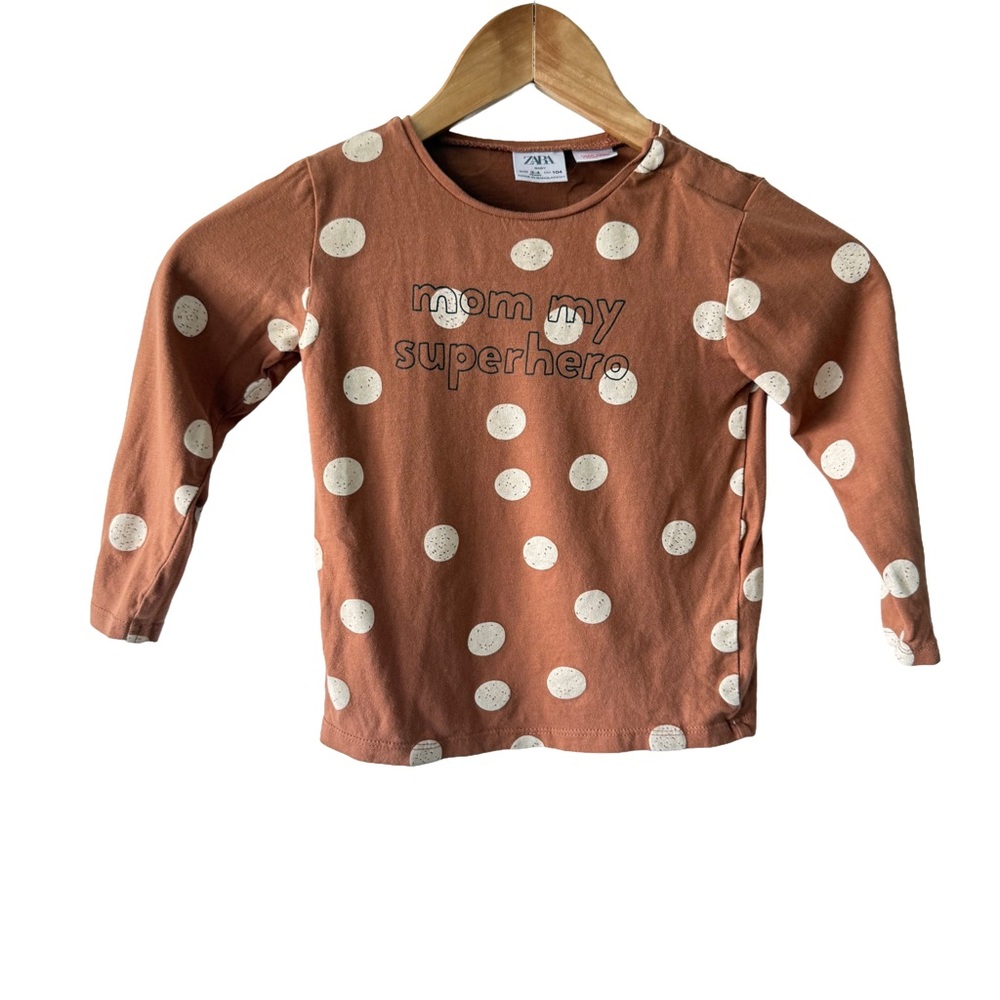 Zara Brown Long Sleeve White Polka Dots “Mom My Superhero” Toddler 3/4 Years